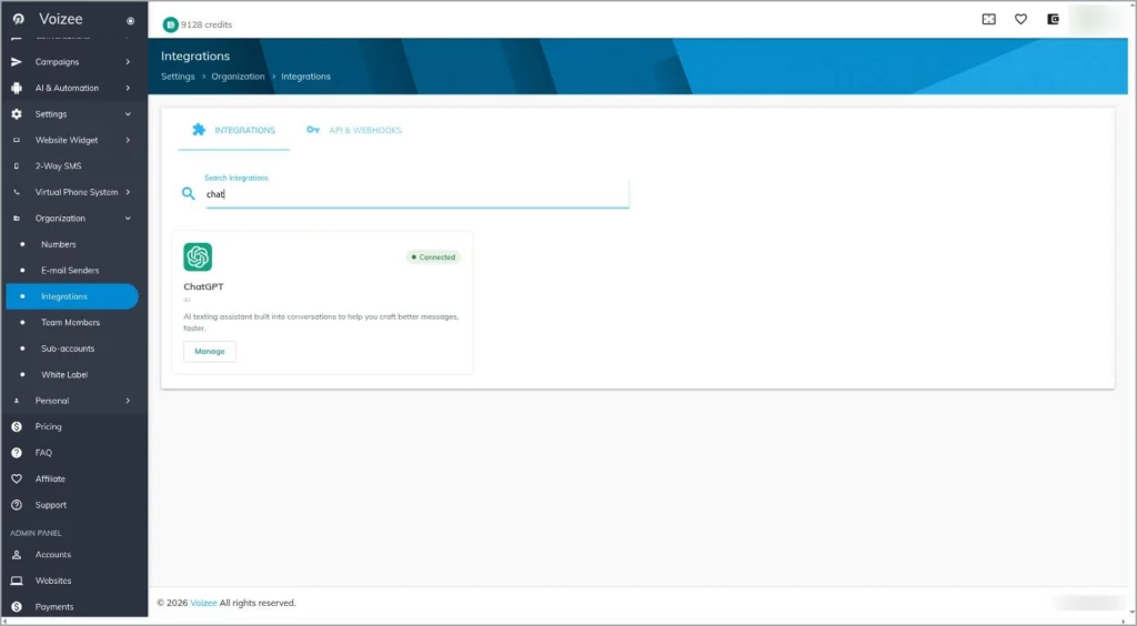 ChatGPT integration shown as Connected in Voizee Integrations settings.