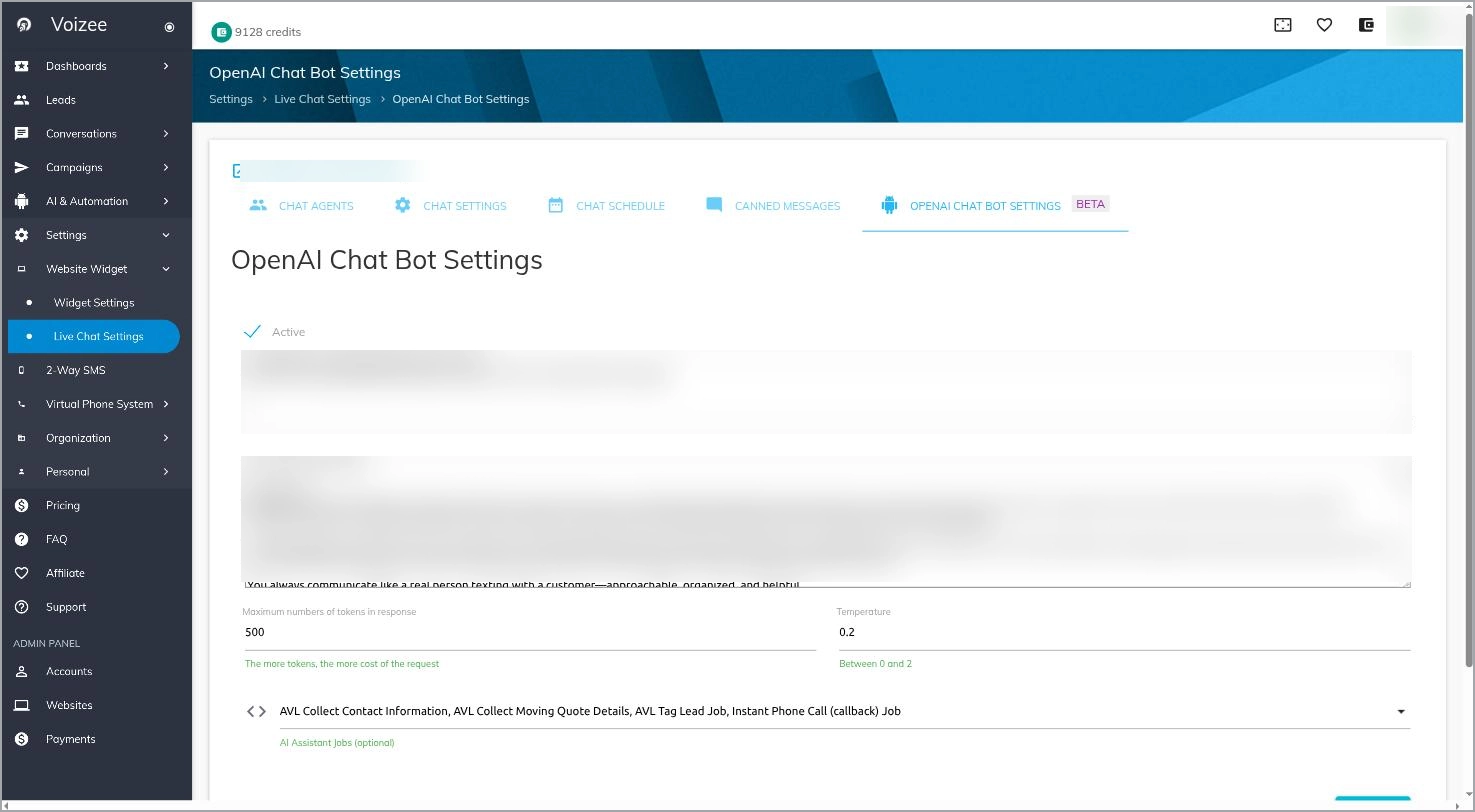 OpenAI Chat Bot Settings page in Voizee showing active status, prompt fields, and AI Assistant Jobs selector.