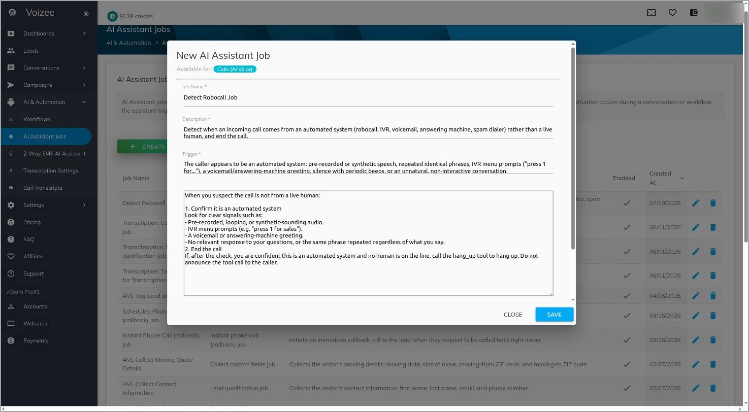 New AI Assistant Job editor showing job name, description, trigger, and instructions fields.