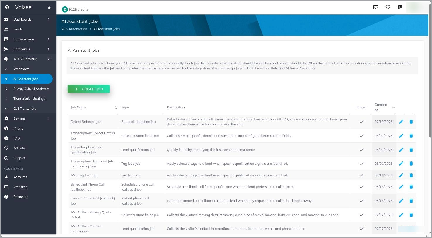 AI Assistant Jobs list in Voizee showing job names, types, and descriptions.