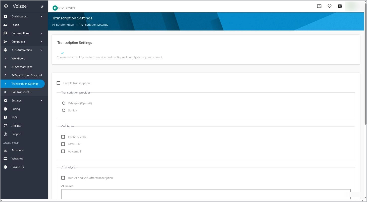 Voizee Transcription Settings page showing provider selection, call types, and AI analysis options.