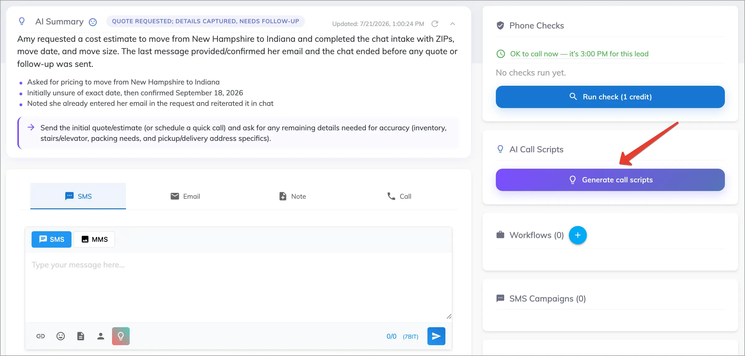 Voizee lead card showing Generate call scripts button in the AI Call Scripts panel.