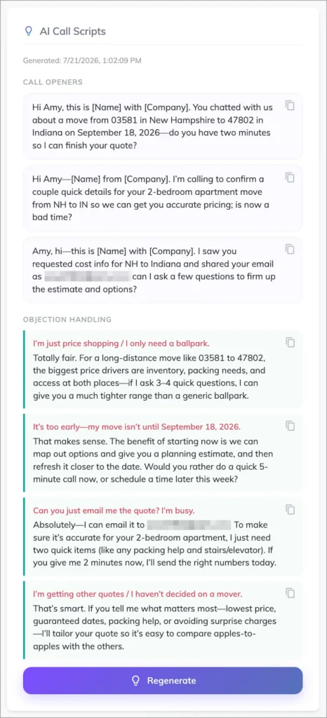 Voizee AI Call Scripts showing call openers and objection handling suggestions.