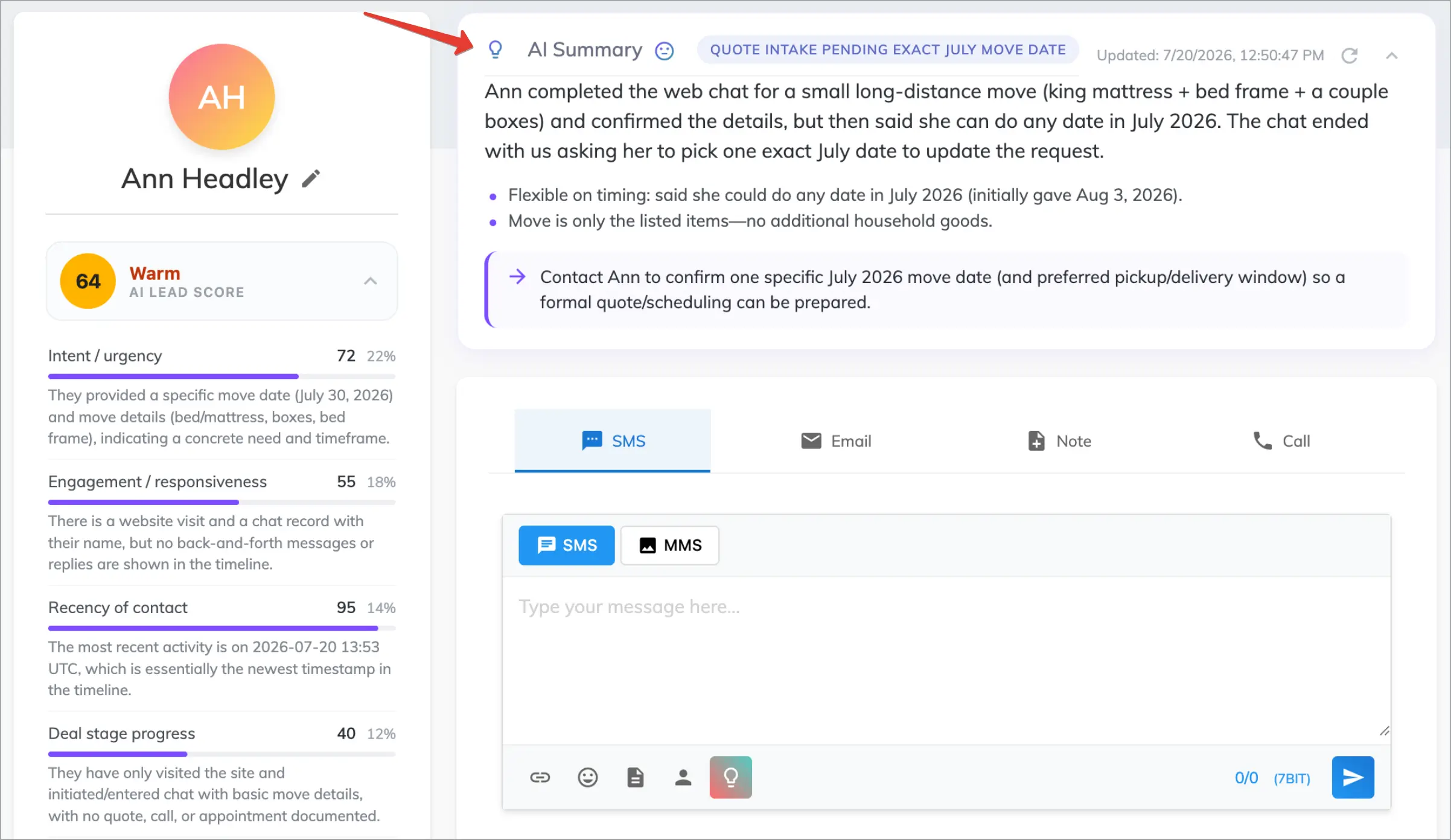 Voizee AI Summary block showing lead status, key facts, and next action.