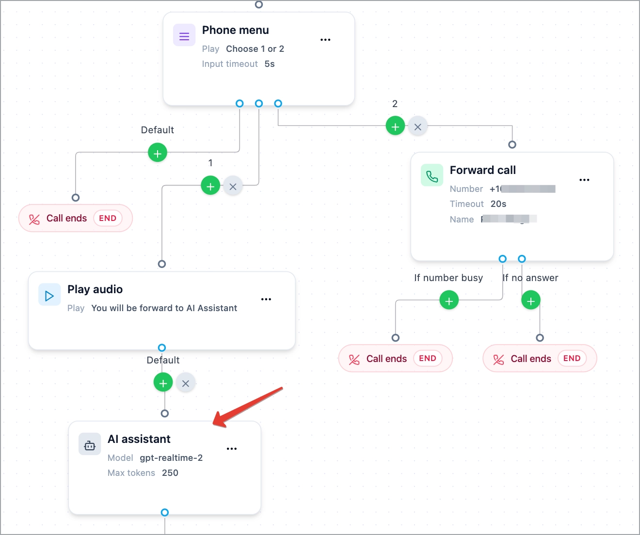 Voizee Call Flow Editor showing an AI Assistant step connected after a Play Audio node.