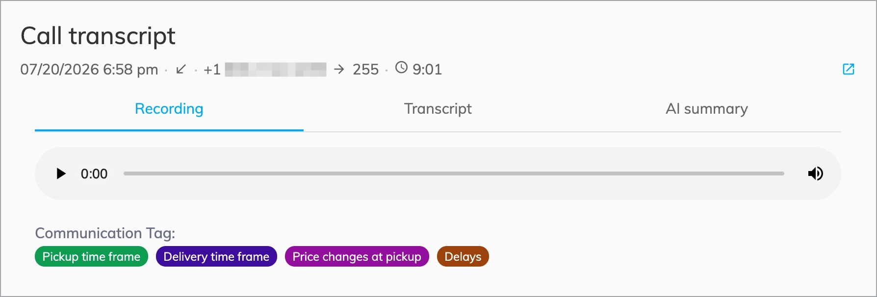 Call transcript recording tab showing audio player and communication tags applied to the call.