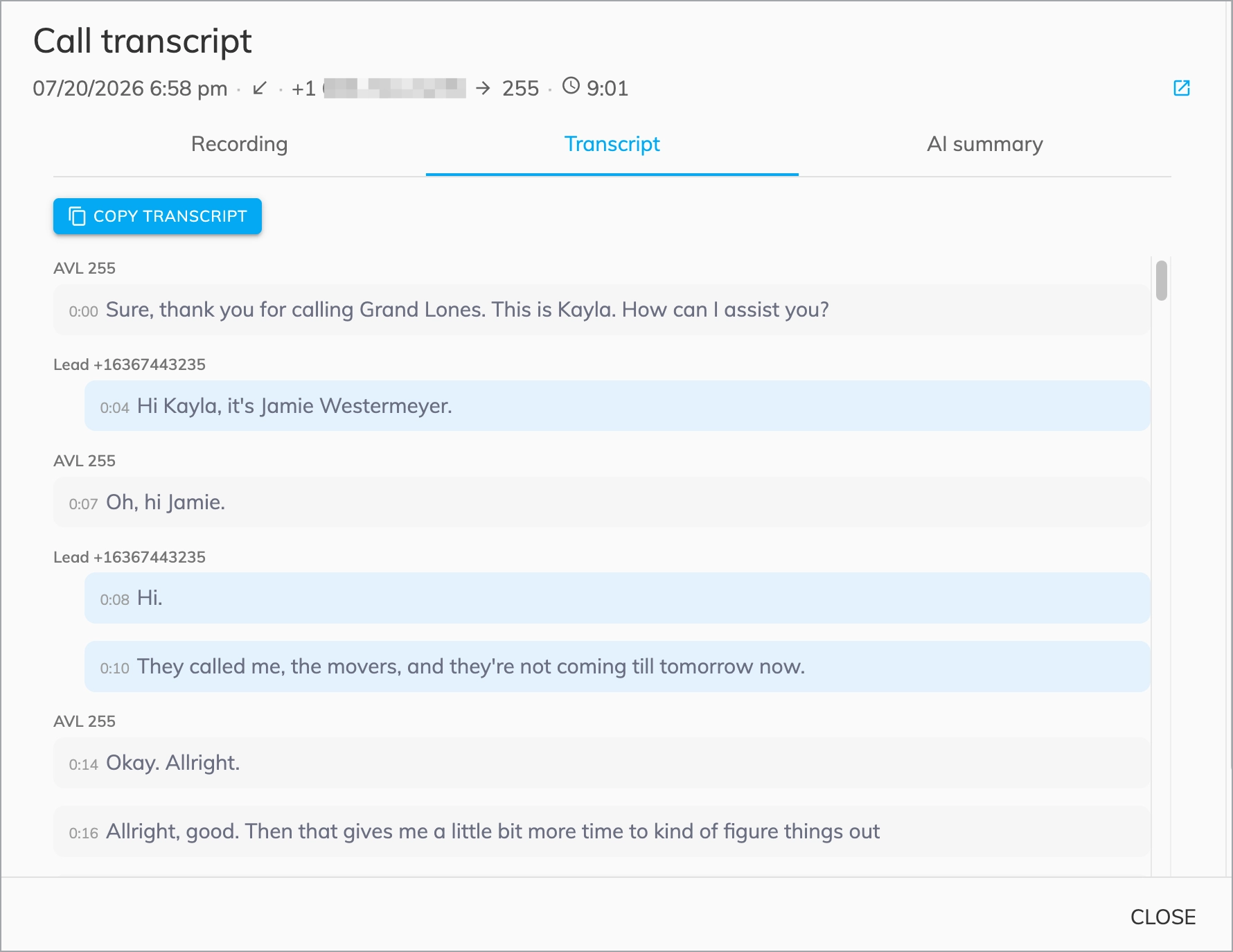 Call transcript tab showing a speaker-split conversation between agent and lead with timestamps.