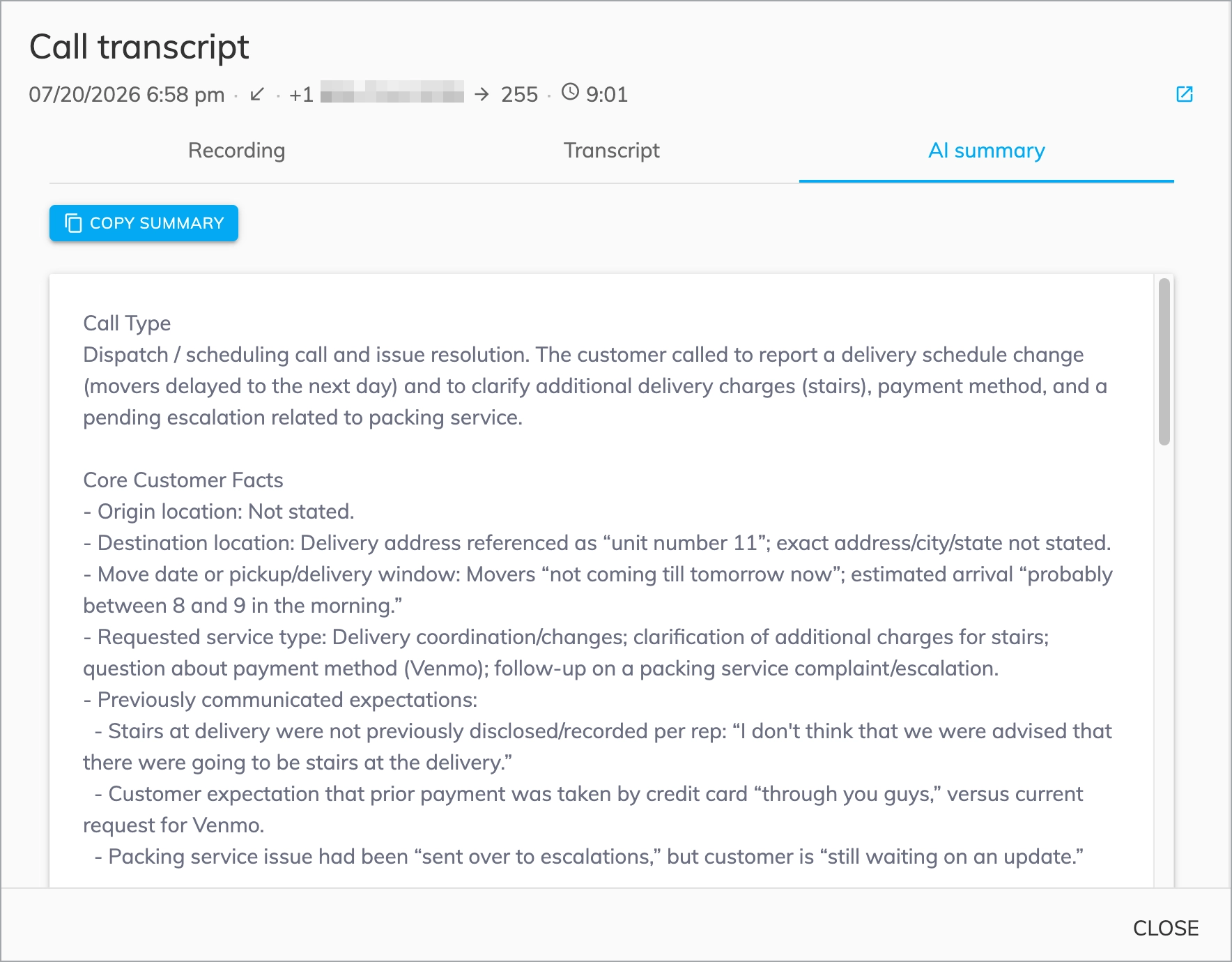Voizee call transcript showing the AI summary tab with call analysis details.