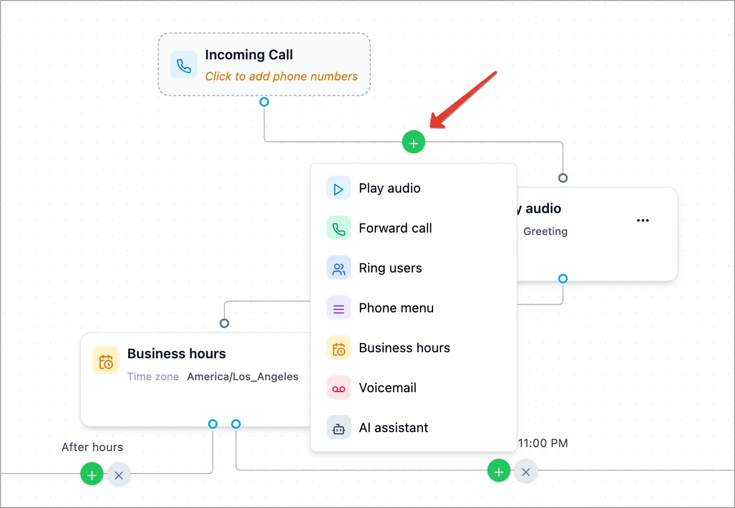 Call Flow Editor showing the block type selection menu.