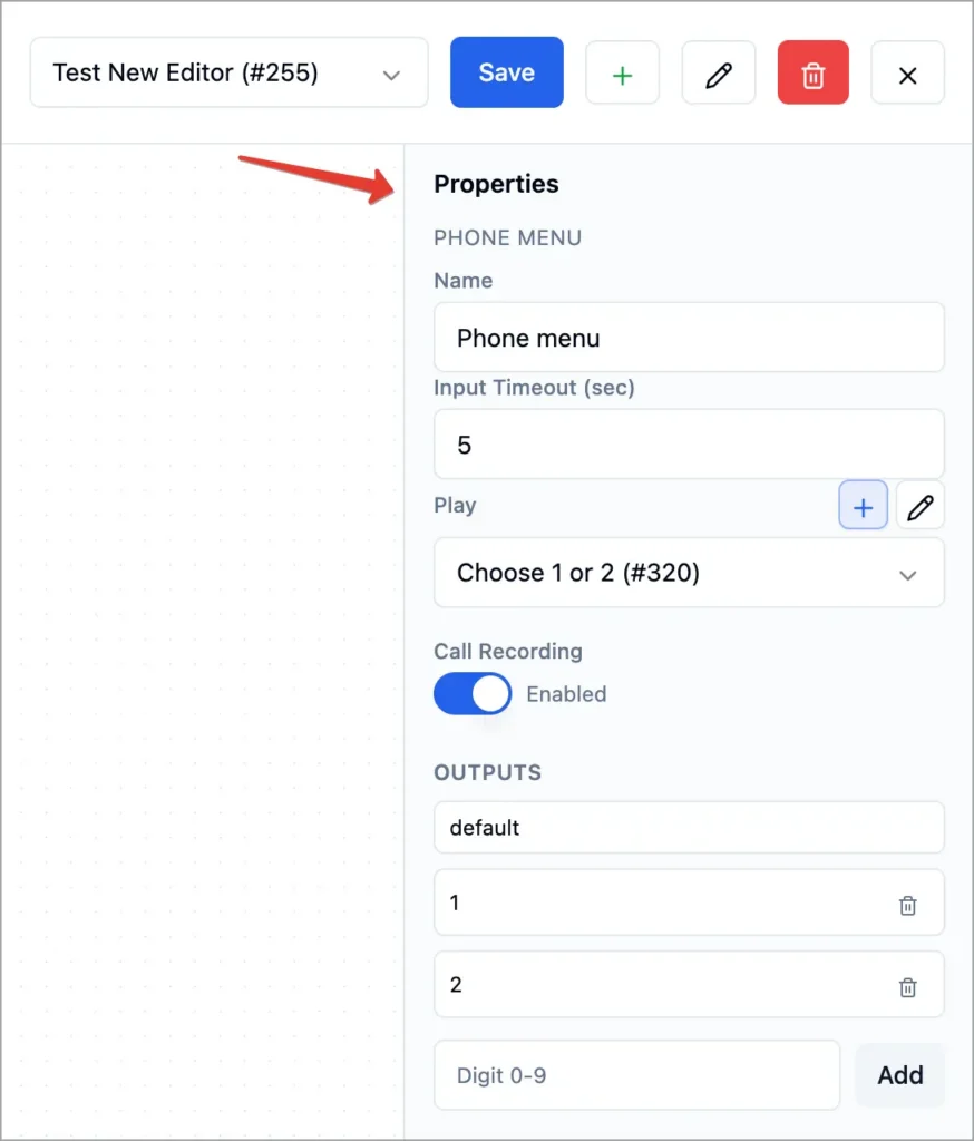 Call Flow Editor Properties panel showing Phone menu block settings and outputs.