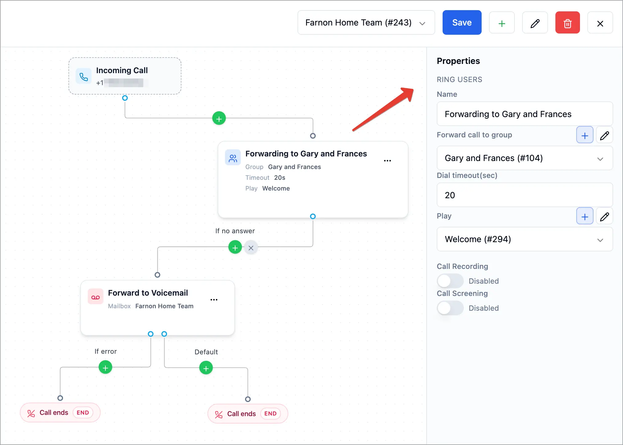 Voizee Ring users block showing group, dial timeout, and no-answer routing to voicemail.