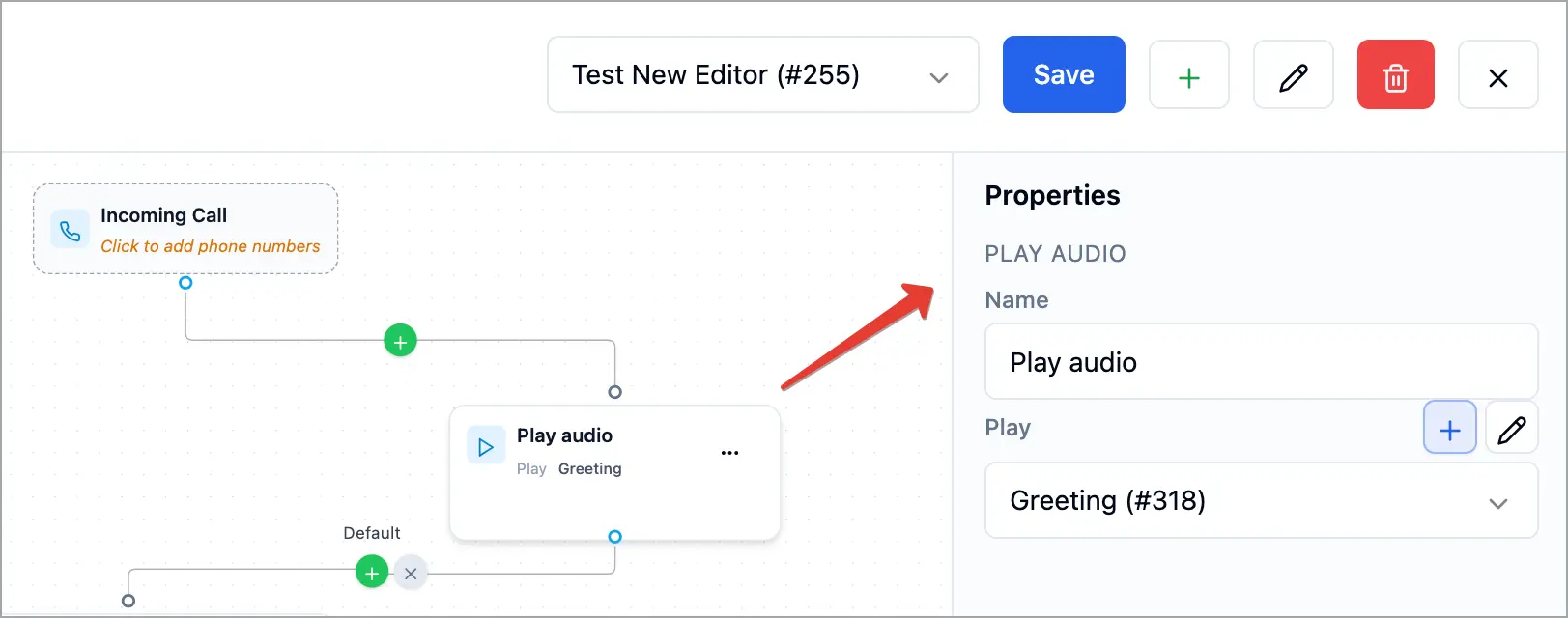 Play audio block in Voizee Call Flow Editor with greeting selected.