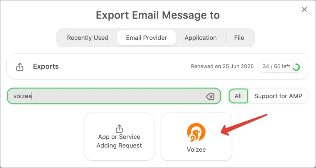 Stripo Export Email dialog showing Voizee as an available export destination.