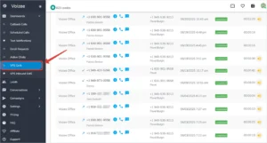 Screenshot of Voizee’s VPS (Virtual Phone System) Calls Dashboard showing incoming, outgoing, and missed calls with options to initiate calls directly from the interface